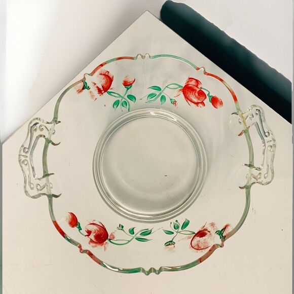 Hand Painted Red Rose Clear Glass Bowl Basket w/ Handles Flower Design - Picture 1 of 10